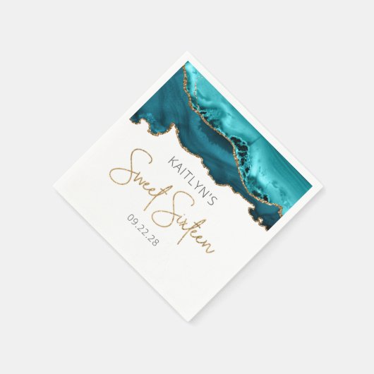 Serviette En Papier Agate Chic Turquoise Bleu Or Douce 16 Anniversaire (Coin)