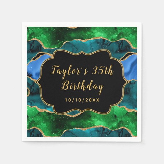 Serviette En Papier Agate de paon bleu et vert Anniversaire (Devant)