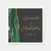 Serviette En Papier Agate Emerald Green Gold Script Mariage foncé (Devant)