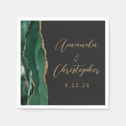 Serviette En Papier Agate Emerald Green Gold Script Mariage foncé (Devant)
