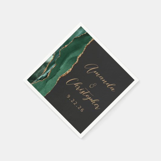 Serviette En Papier Agate Emerald Green Gold Script Mariage foncé (Coin)