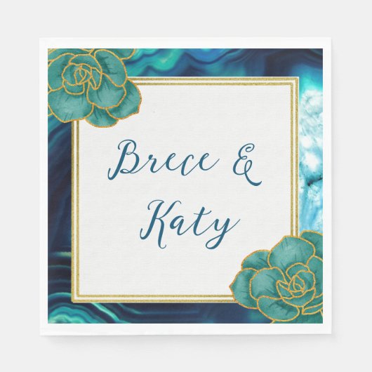 Serviette En Papier Agate florale turquoise et bleu (Devant)