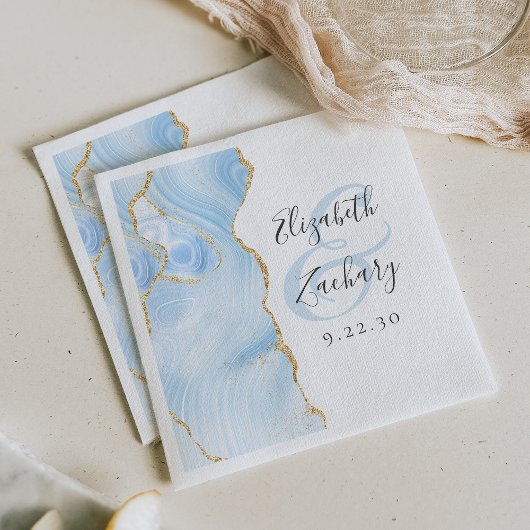 Serviette En Papier Agate Geode Script Baby Blue Gold Mariage