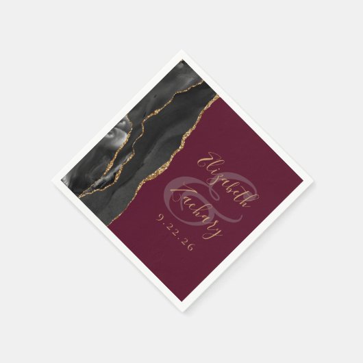 Serviette En Papier Agate Géode Script Black Gold Burgundy Mariage (Coin)
