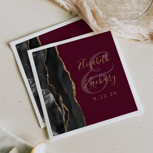 Serviette En Papier Agate Géode Script Black Gold Burgundy Mariage