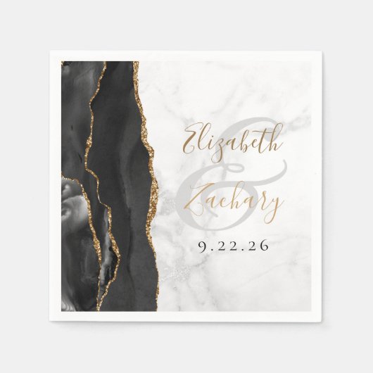 Serviette En Papier Agate Geode Script Black Gold Marble Mariage (Devant)
