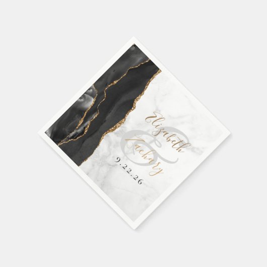 Serviette En Papier Agate Geode Script Black Gold Marble Mariage (Coin)