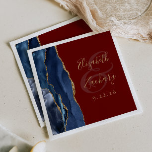 Serviette En Papier Agate Geode Script Bleu Nuit Or Bordeaux Mariage
