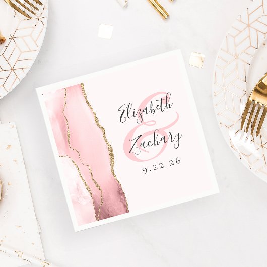 Serviette En Papier Agate Geode Script Blush Pink Gold Mariage