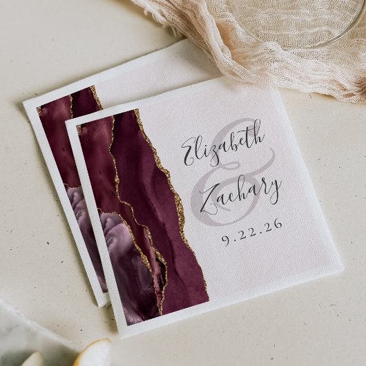 Serviette En Papier Agate Geode Script Burgundy Gold Blush Mariage