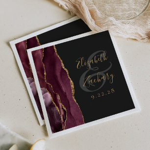 Serviette En Papier Agate Geode Script Burgundy Gold Dark Mariage