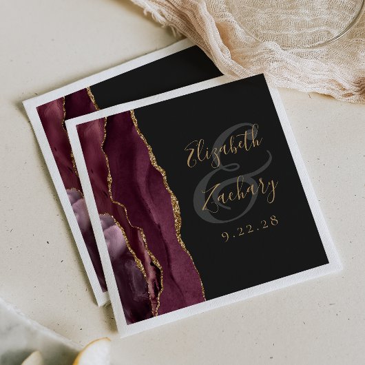 Serviette En Papier Agate Geode Script Burgundy Gold Dark Mariage