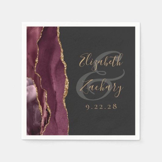 Serviette En Papier Agate Geode Script Burgundy Gold Dark Mariage (Devant)