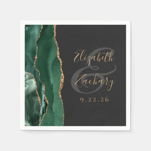 Serviette En Papier Agate Geode Script Emerald Green Gold Dark Mariage (Devant)