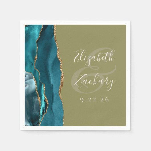 Serviette En Papier Agate Geode Script Gold Turquoise Olive Green Mari (Devant)