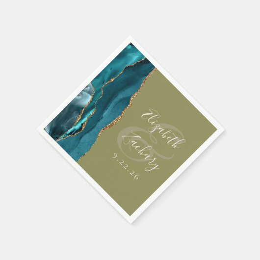 Serviette En Papier Agate Geode Script Gold Turquoise Olive Green Mari (Coin)