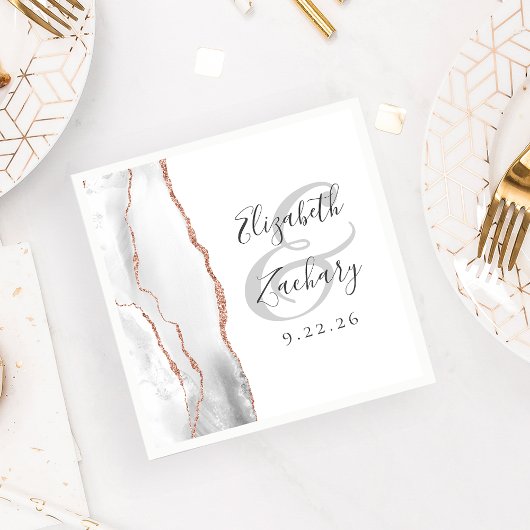 Serviette En Papier Agate Geode Script Gris Blanc Rose Mariage or
