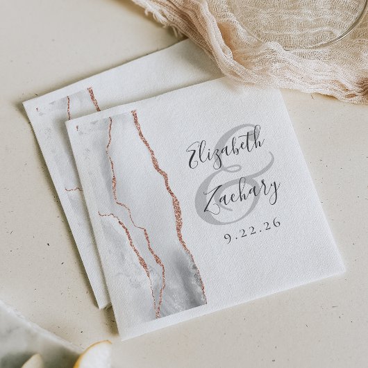 Serviette En Papier Agate Geode Script Gris Blanc Rose Mariage or