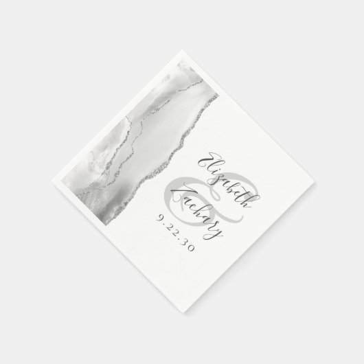 Serviette En Papier Agate Geode Script Gris Blanc Silver Mariage (Coin)