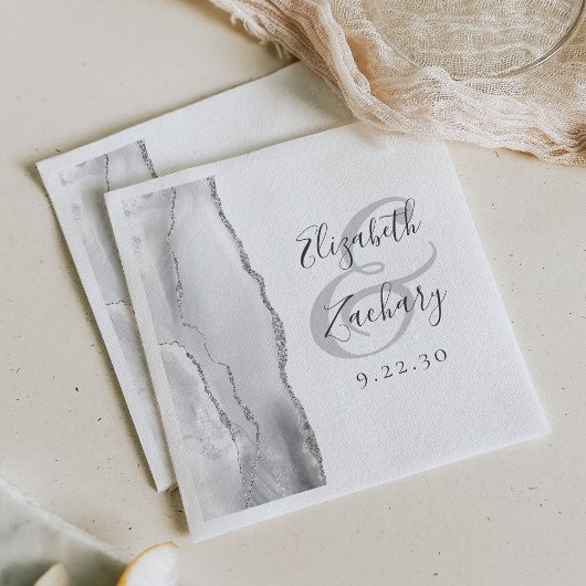 Serviette En Papier Agate Geode Script Gris Blanc Silver Mariage