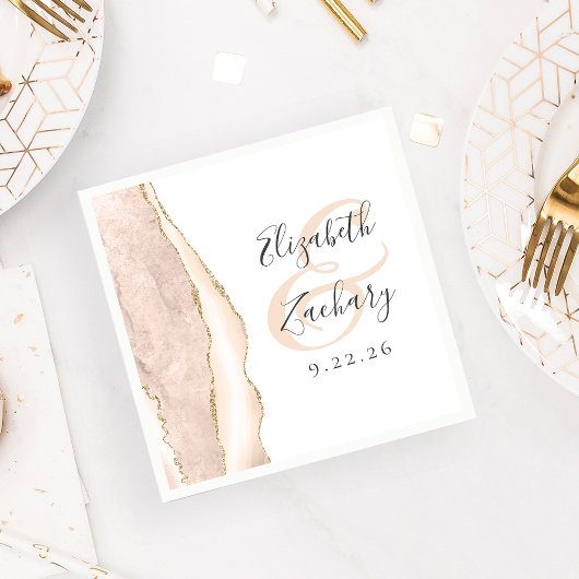 Serviette En Papier Agate Geode Script Mariage d'or ivoire