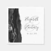 Serviette En Papier Agate Geode Script Mariage noir argent (Devant)