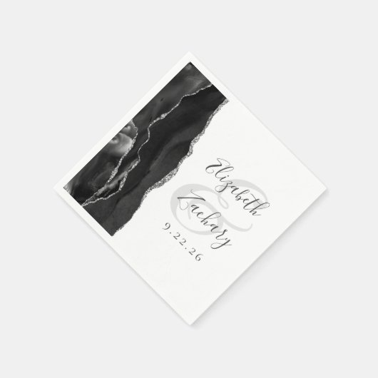 Serviette En Papier Agate Geode Script Mariage noir argent (Coin)
