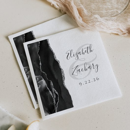 Serviette En Papier Agate Geode Script Mariage noir argent