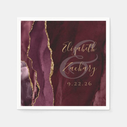 Serviette En Papier Agate Géode Script Mariage Or Bourgogne (Devant)