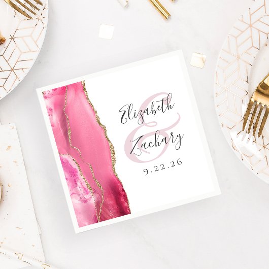 Serviette En Papier Agate Geode Script Mariage or rose