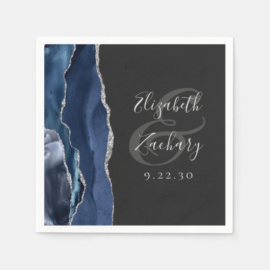 Serviette En Papier Agate Geode Script Marine Blue Silver Dark Mariage (Devant)