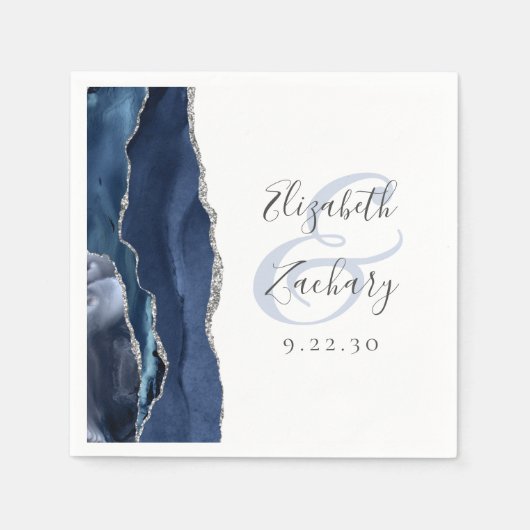 Serviette En Papier Agate Geode Script Marine Blue Silver Mariage (Devant)