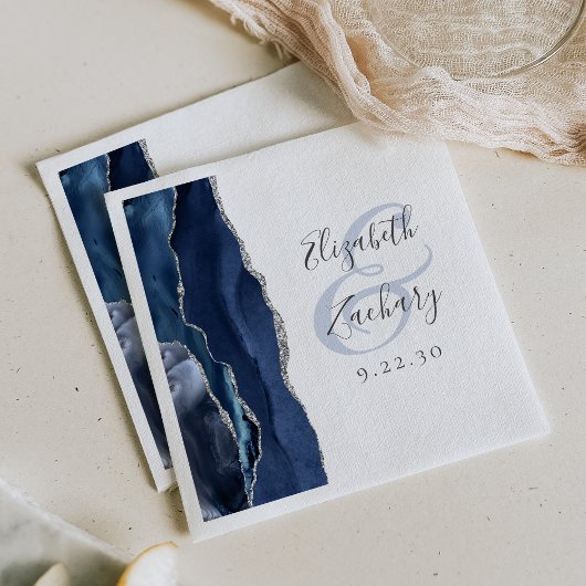 Serviette En Papier Agate Geode Script Marine Blue Silver Mariage