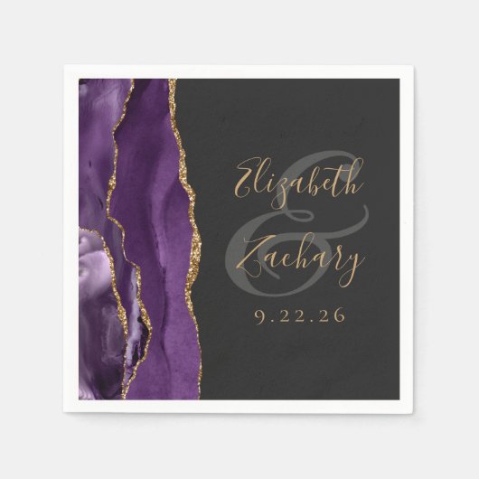 Serviette En Papier Agate Geode Script Purple Gold Dark Mariage (Devant)