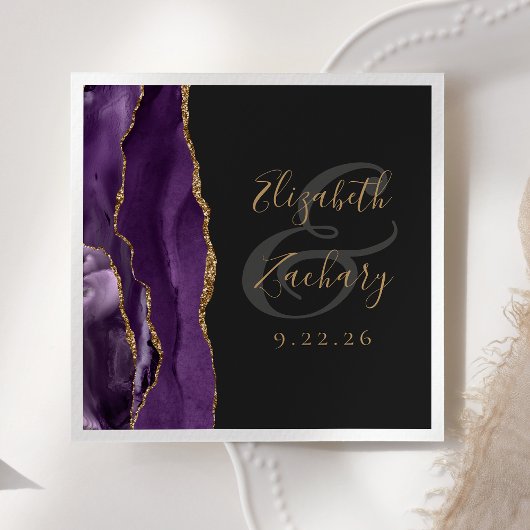 Serviette En Papier Agate Geode Script Purple Gold Dark Mariage