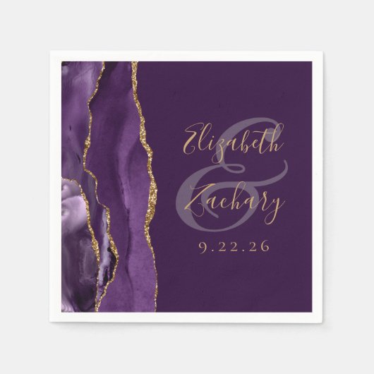 Serviette En Papier Agate Geode Script Purple Gold Plum Mariage (Devant)