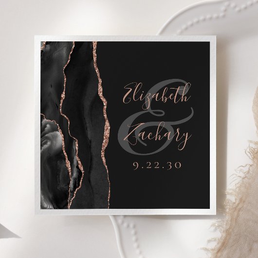Serviette En Papier Agate Geode Script Rose noir Gold Dark Mariage