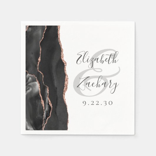 Serviette En Papier Agate Geode Script Rose noir Mariage or (Devant)
