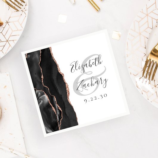 Serviette En Papier Agate Geode Script Rose noir Mariage or