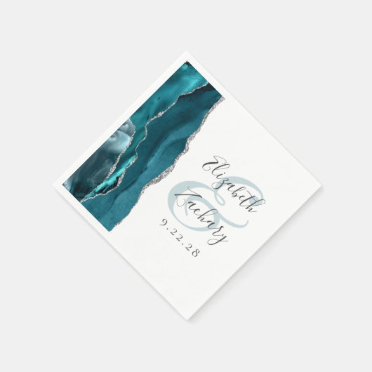 Serviette En Papier Agate Geode Script Turquoise Blue Silver Mariage (Coin)