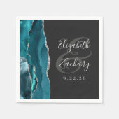 Serviette En Papier Agate Geode Script Turquoise Silver Dark Mariage (Devant)