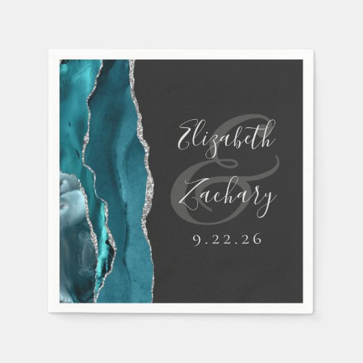 Serviette En Papier Agate Geode Script Turquoise Silver Dark Mariage (Devant)