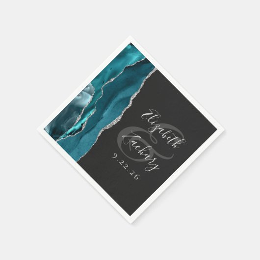Serviette En Papier Agate Geode Script Turquoise Silver Dark Mariage (Coin)