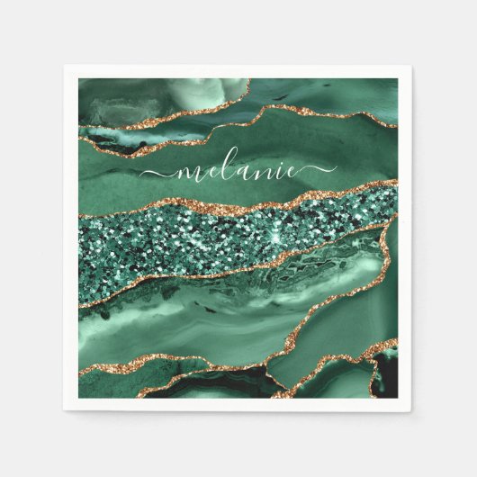 Serviette En Papier Agate Green Gold Parties scintillant Nom personnal (Devant)