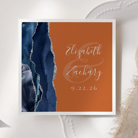 Serviette En Papier Agate Marine Bleu Argent Brûlé Orange Mariage
