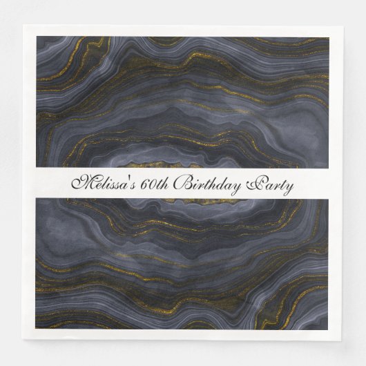 Serviette En Papier Agate moderne Black & Gold Pierre Abstrait Anniver (Devant)