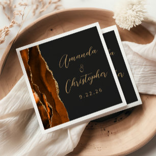 Serviette En Papier Agate Orange Brûlé Or Script Mariage Sombre