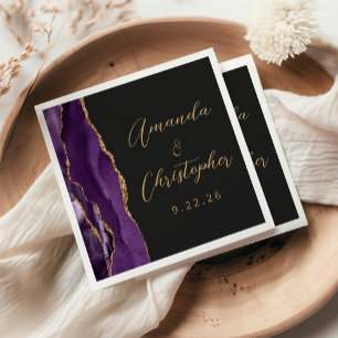 Serviette En Papier Agate Purple Gold Script Mariage foncé