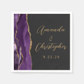 Serviette En Papier Agate Purple Gold Script Mariage foncé (Devant)