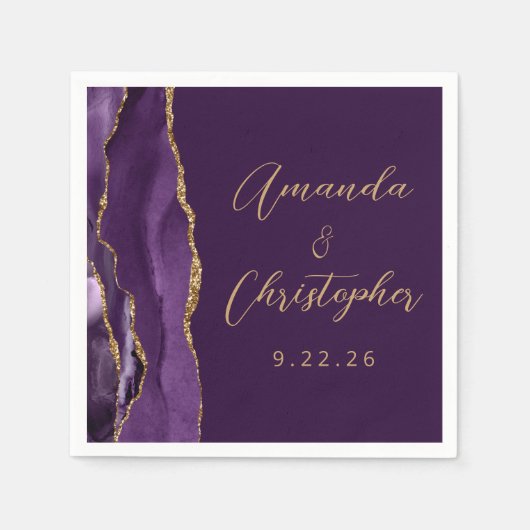 Serviette En Papier Agate Purple Gold Script Plum Mariage (Devant)